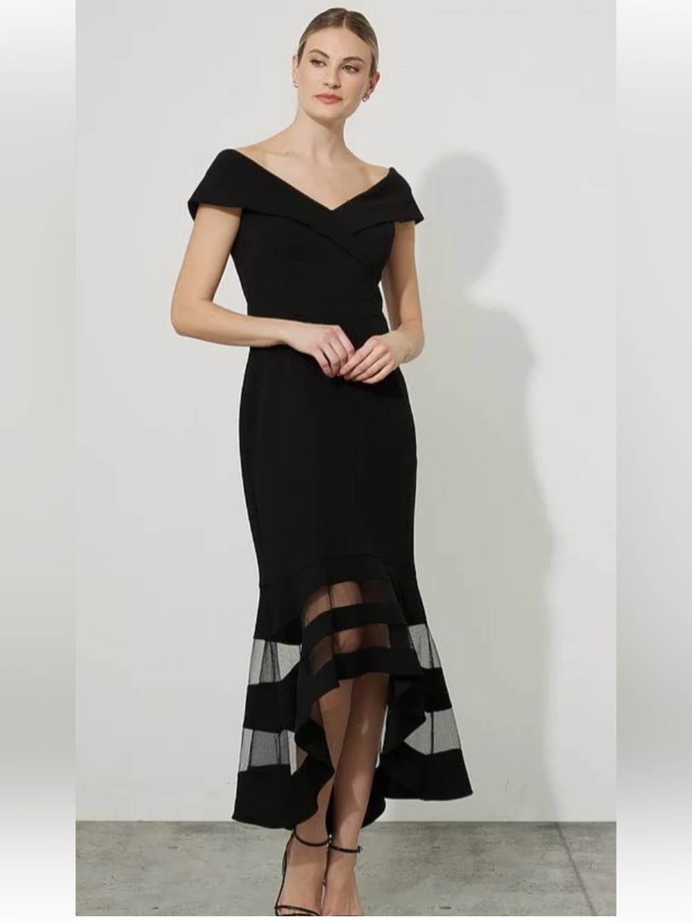 Joseph Ribkoff Signature Black Off Shoulder High Low Mesh Dress Size 8
